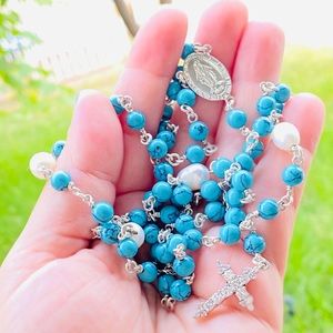 Turqoise pearl 925SS cz cross rosary necklace USA